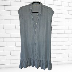 ​BB Dakota Sleeveless Button Front Chambray Shift Dress Ruffle Hem L